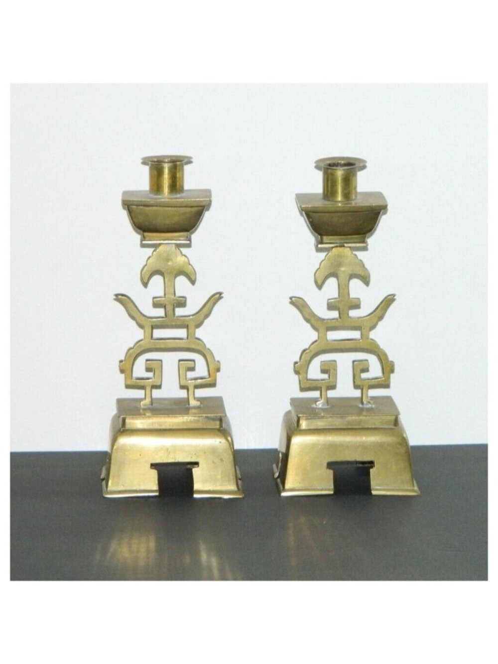 Brass Vintage MCM Candle Stick Asian Themed PAIR Holders Mid Century Modern
